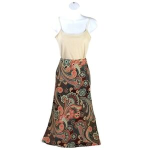 Vintage Harold's Brown Teal Paisley Print Pullon A-Line Silk Midi Skirt Womens 4